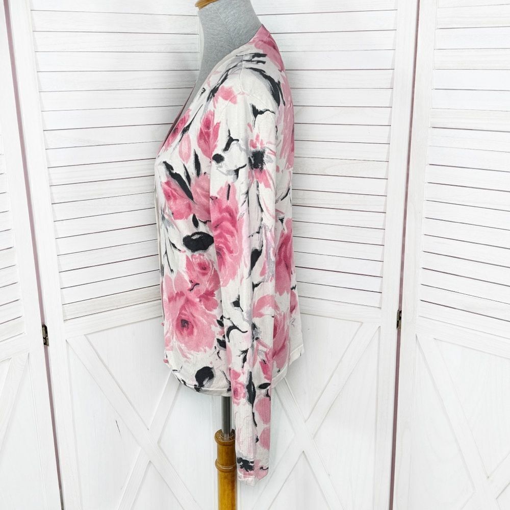 Jones New York Floral Silk Blend V Neck Cardigan Sweater‎ Cream Pink Medium - Picture 2 of 12